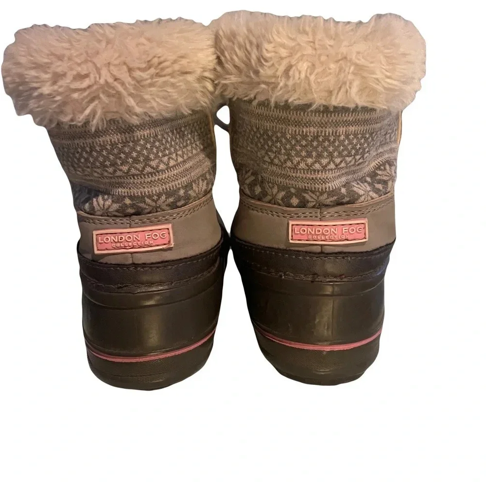 London Fog winter boots girls gray with/pink trim with faux fur lining size 12